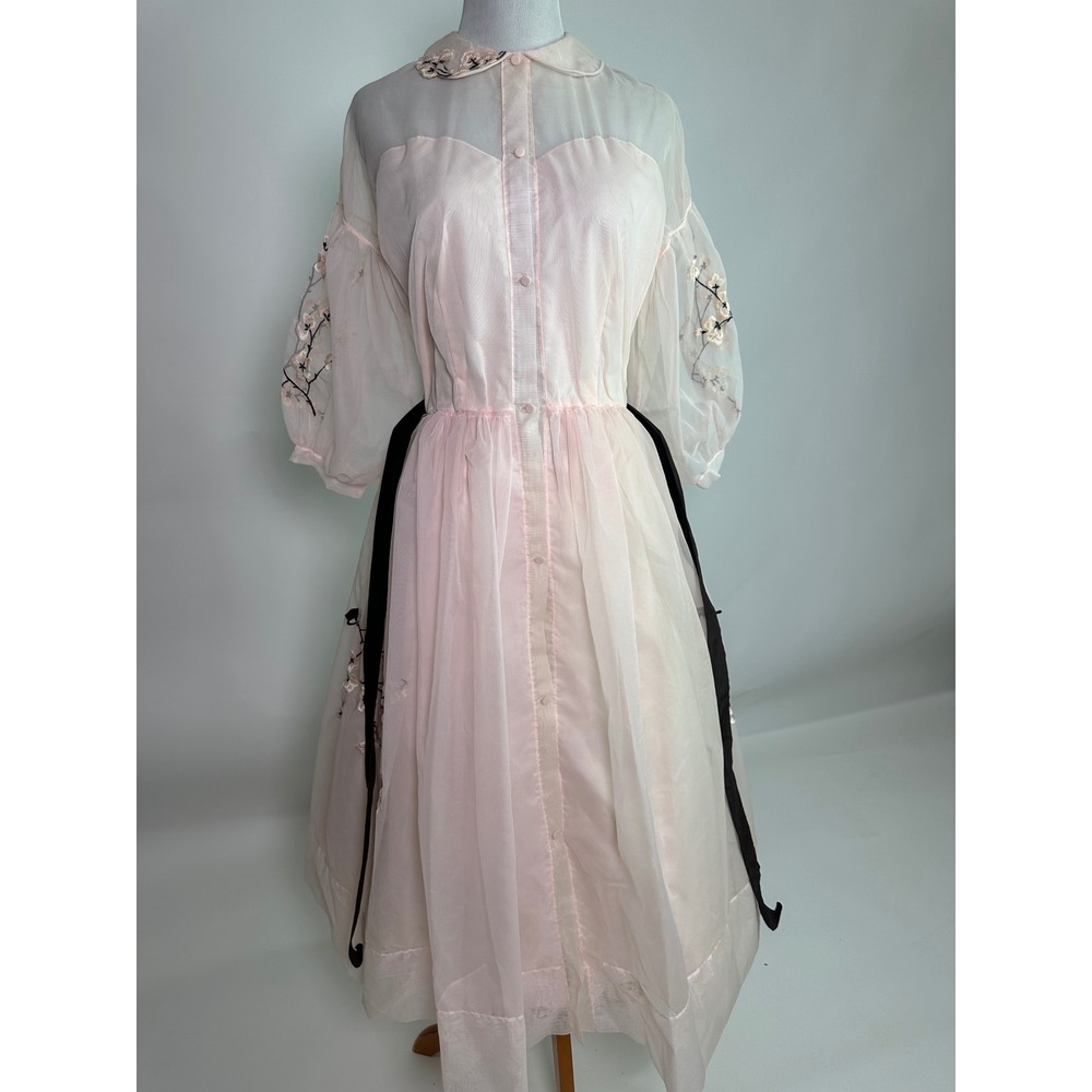 Eyeful by Ruth Flan Pink Nylon Organza Embroidered Dress Heart Neckline Vintage - Picture 10 of 11